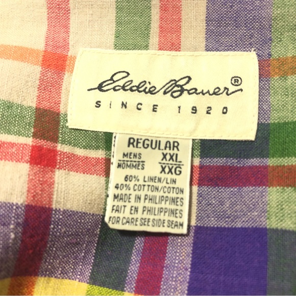 EDDIE BAUER Linen Blend Button Down Shirt Plaid Colorful Crisp Sz XXL Regular - Picture 9 of 13